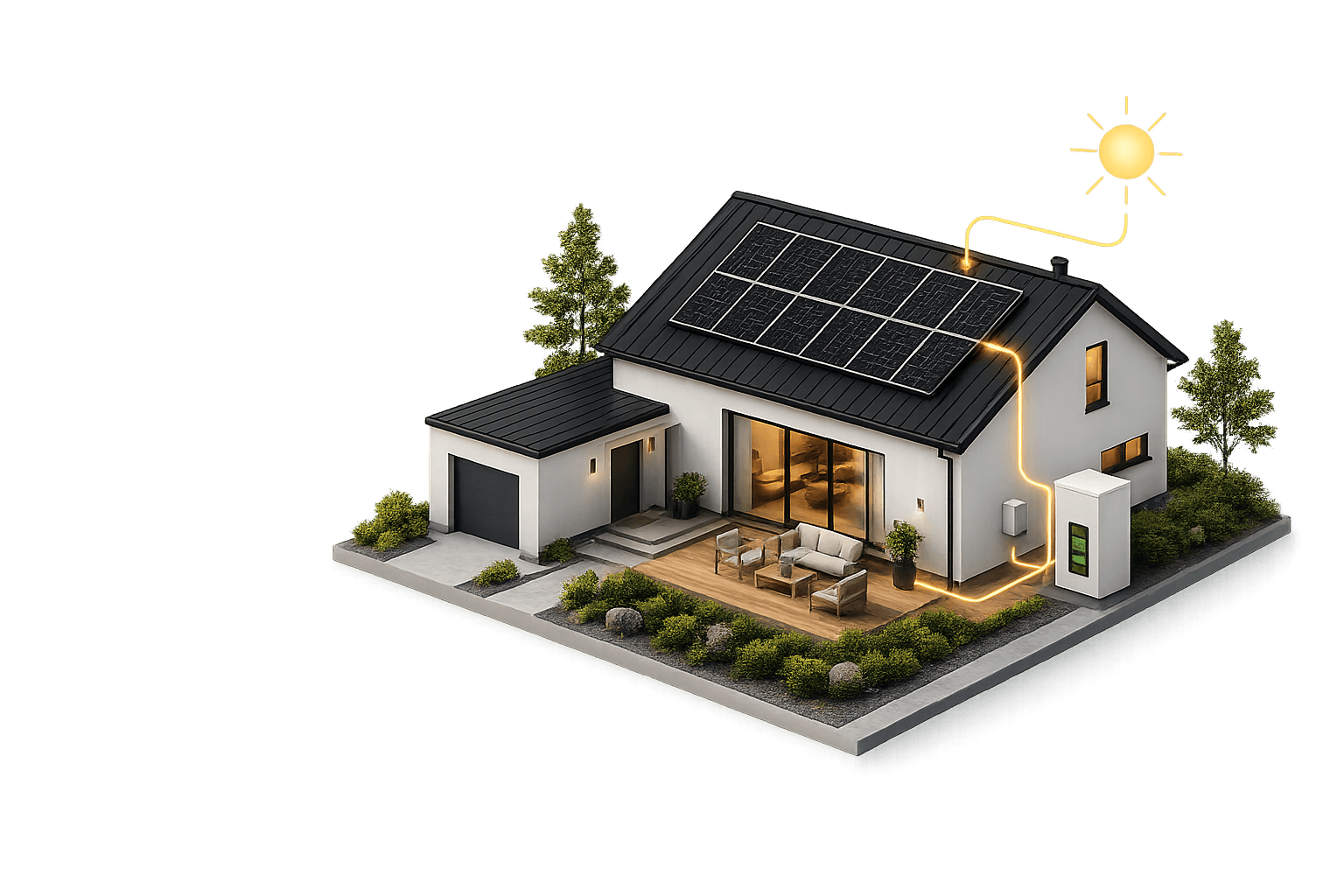 Modern Finnish detached house with solar panels on the roof and a battery system in the yard