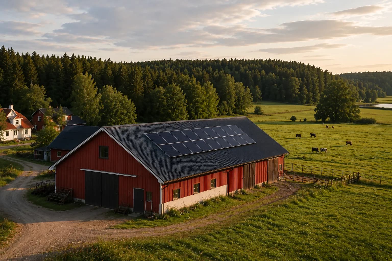 Aerial view of a Finnish farm with solar panels on the barn roof and cattle grazing in the yard