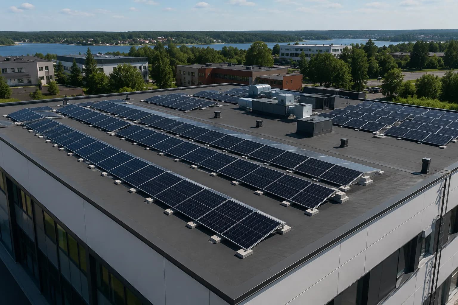 Aerial view of a commercial building's flat roof fitted with rows of solar panels