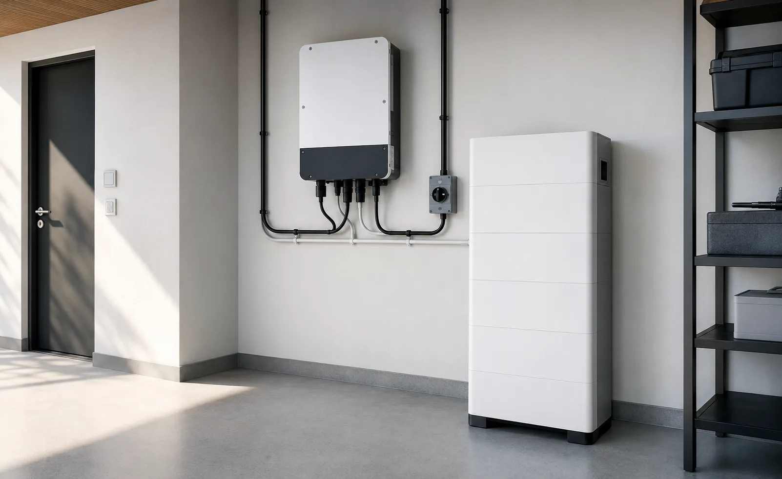 Home battery and inverter installed indoors