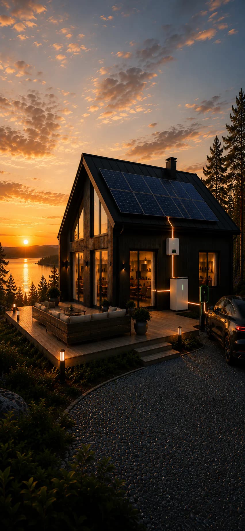 Modern Finnish detached house with solar panels on the roof and a battery system in the yard