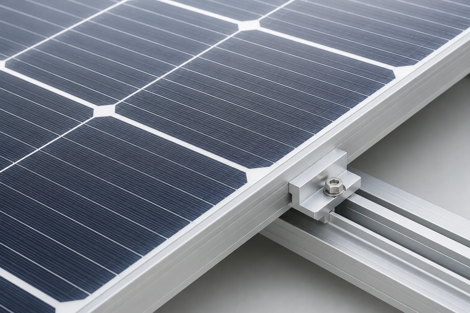 Close-up of a solar panel surface and its mounting rail